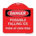 Signmission Possible Falling Ice-Park at Own Risk, Red & White Aluminum Architectural Sign, 18" H, RW-1818-23277 A-DES-RW-1818-23277
